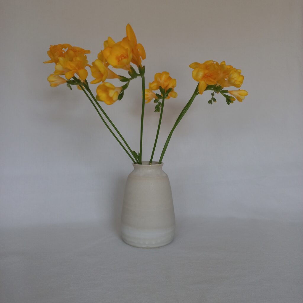 cette image montre un vases en grès en blanc uni et de belles fleurs jaunes dedans